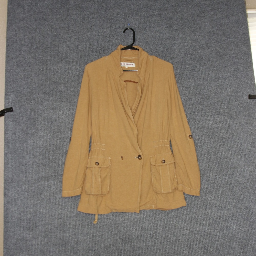Free People Jacket Womens XS Khaki Linen Drawstring Pockets‎ Roll Tab Sleeve